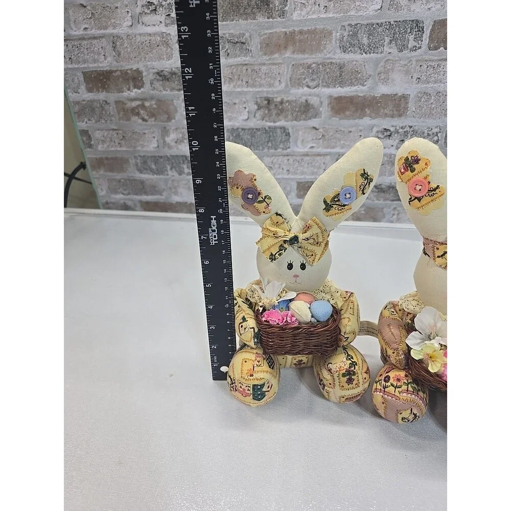 2-VTG 1999 Anco Cloth Bunny Rabbit Plush Basket W/ Easter Eggs Granny Core